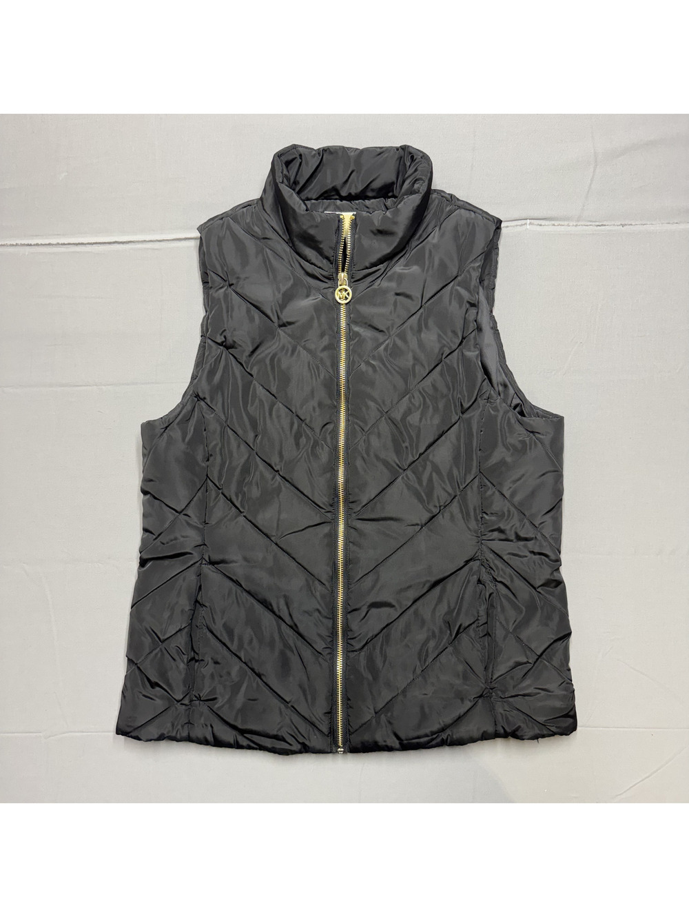 Michael Kors Womens Chevron Quilted Puffer Vest Size M Black Gold Zip Gorpcore